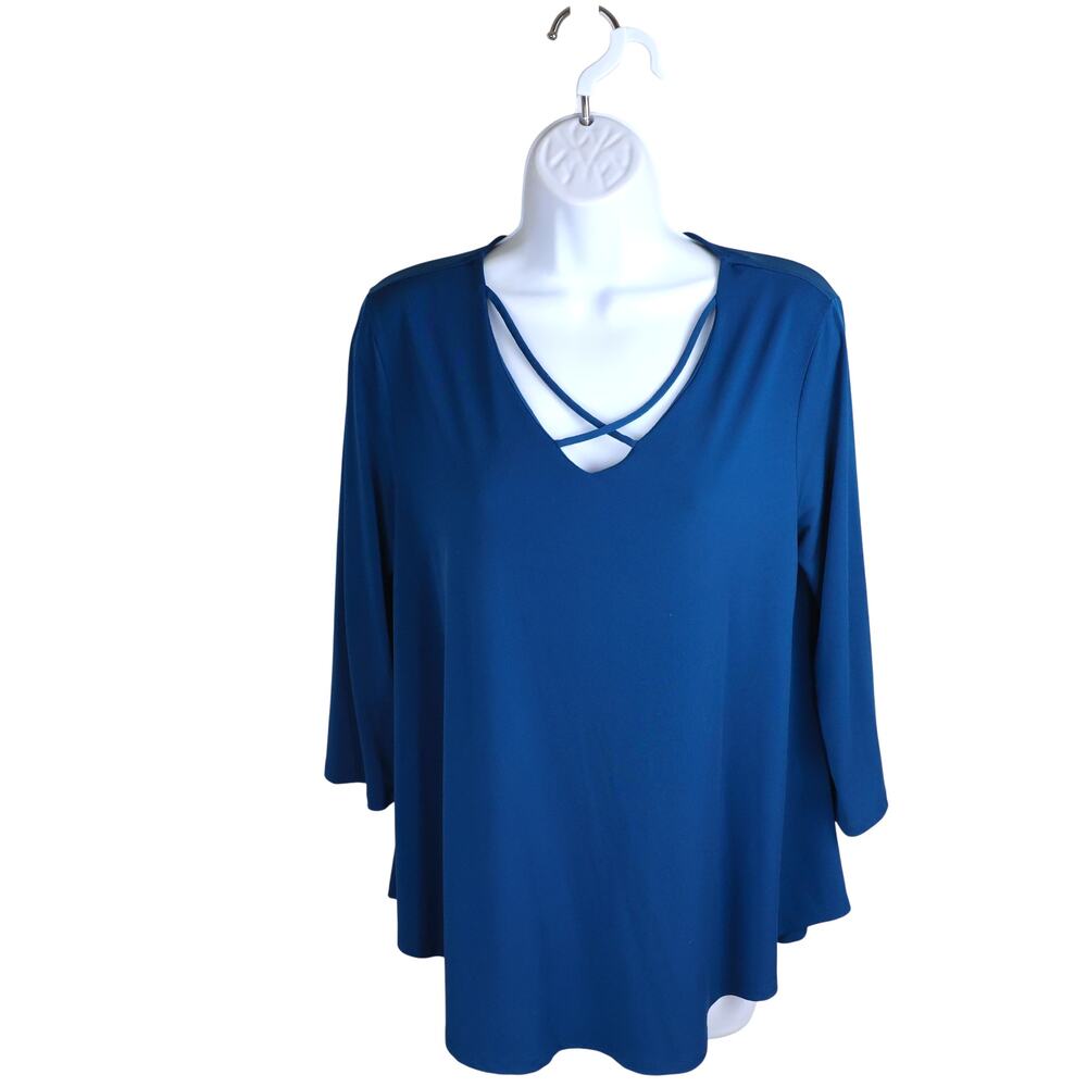 Chico’s Blue Criss Cross Neck Stretch Blouse 3/4 Sleeve Casual Top Medium